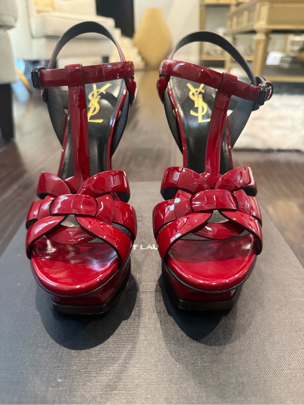 Saint Laurent Tribute Red Patent Leather T-Strap Heeled Sandals - Picture 2 of 8